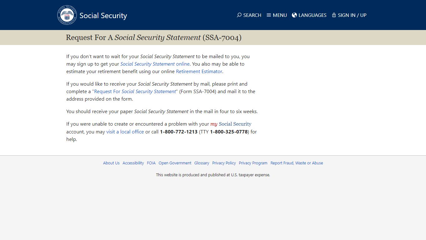 Request for a Social Security Statement (SSA-7004) | Social Security ...